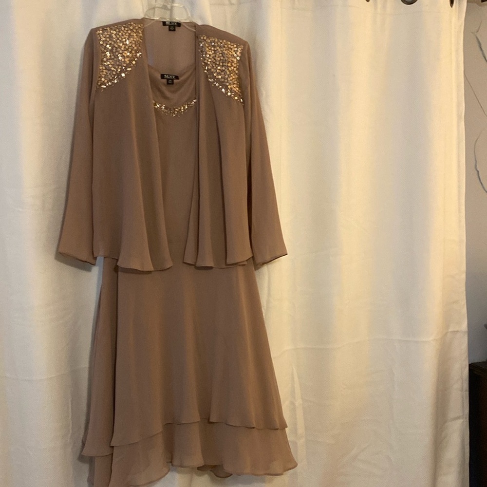 SLNY Formal 2 piece Dress set with sequins and a matching jacket.